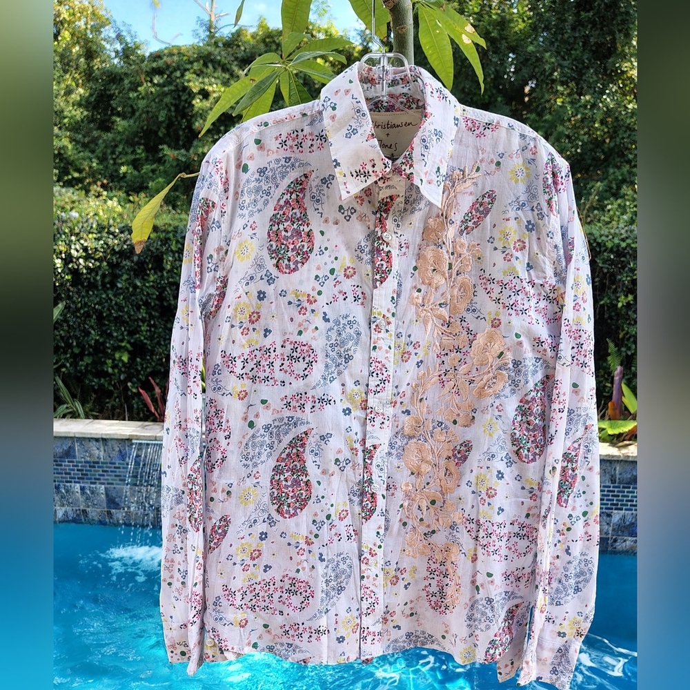NWT Christiansen Long Slv Paisley Cotton Button Top w Embroidery Womens Sz S&XL